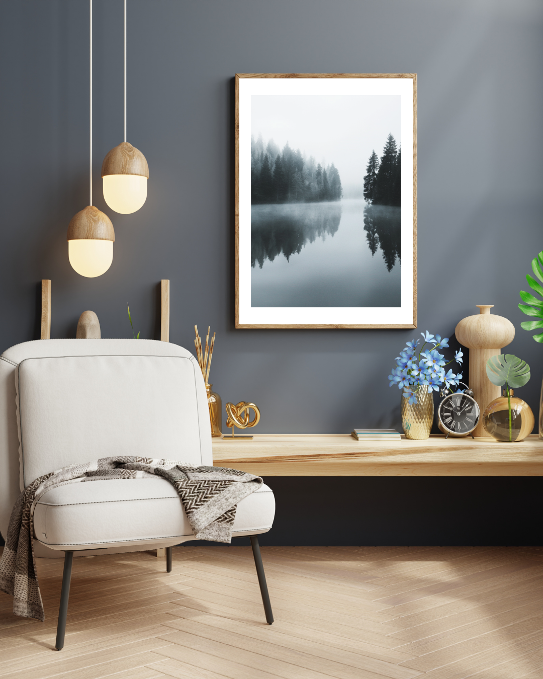Nordanio naturposter med silhuetter av sjölandskap i brunt och grått, minimalistisk design i ram.
