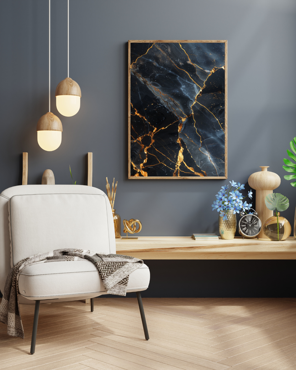Marmor guld poster från Nordanio, mörk konstväggposter i brun- och grå nyanser, minimalistiskt foto på vägg.