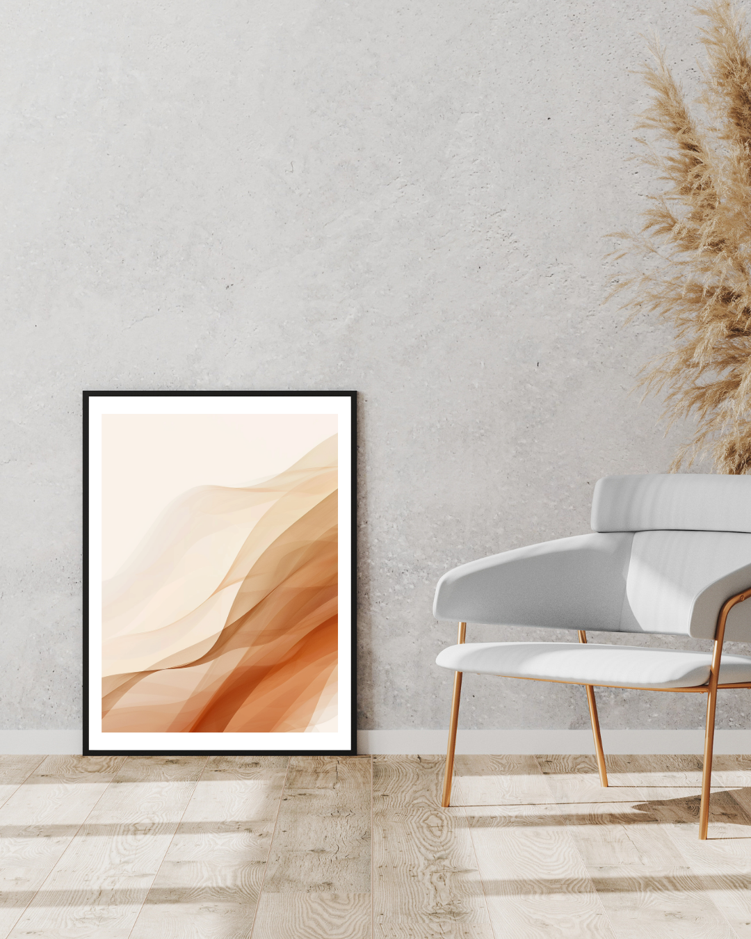 Abstrakt väggposter i kontinuerlig linjestil med brunt och grått motiv, designad av Nordanio, visas i minimalistisk inramning.