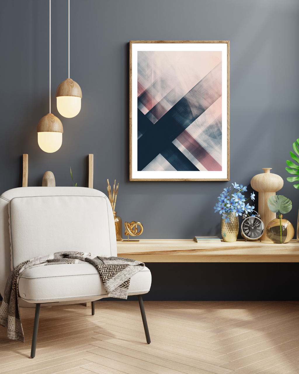 Diagonal Forms postermaleri av Nordanio, abstrakt väggkonst i brunt och grått med minimalistiskt ramomslag.
