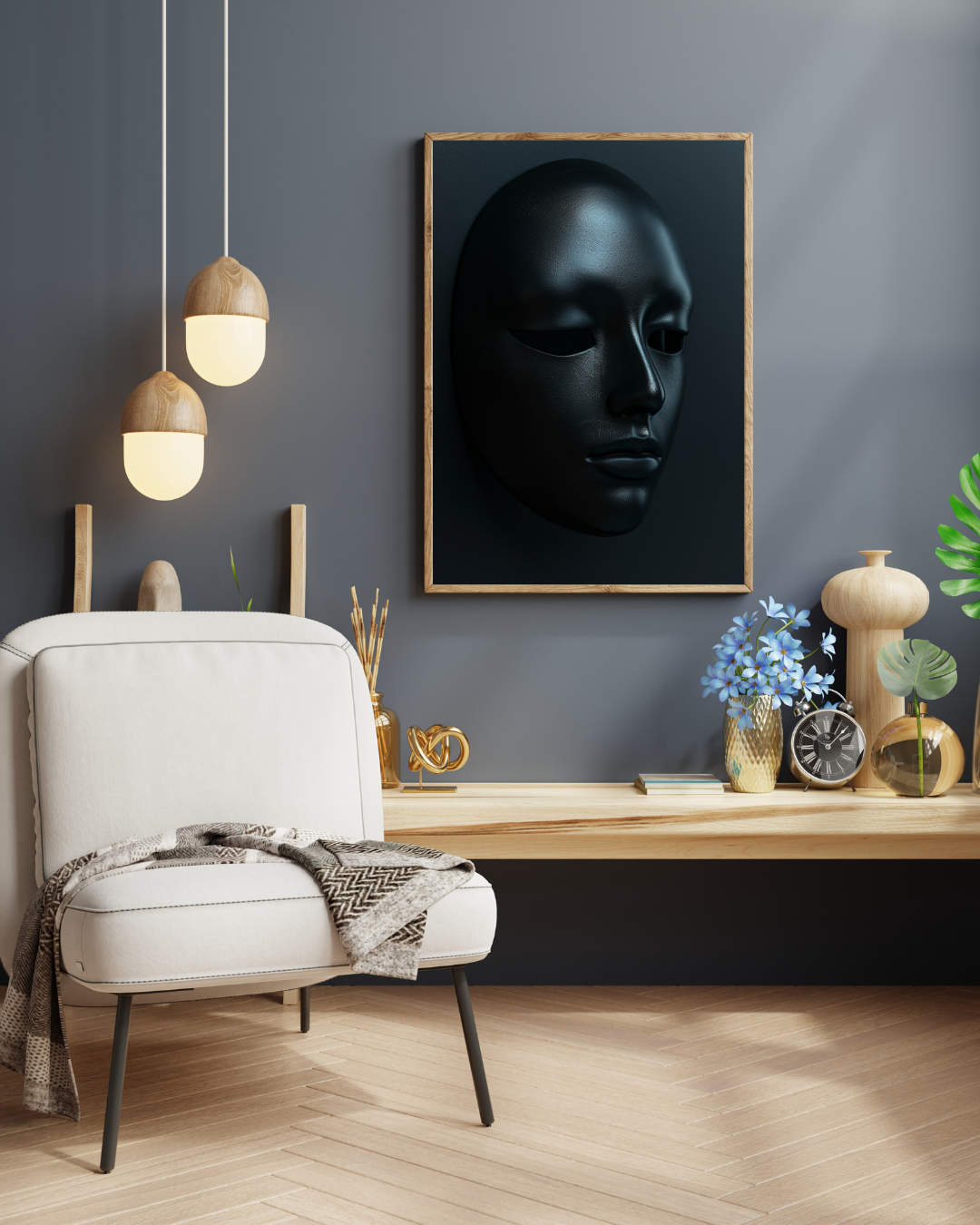 Svart mask poster från Nordanio, mörk konstväggposter i minimalistisk design med bruna och grå nyanser.