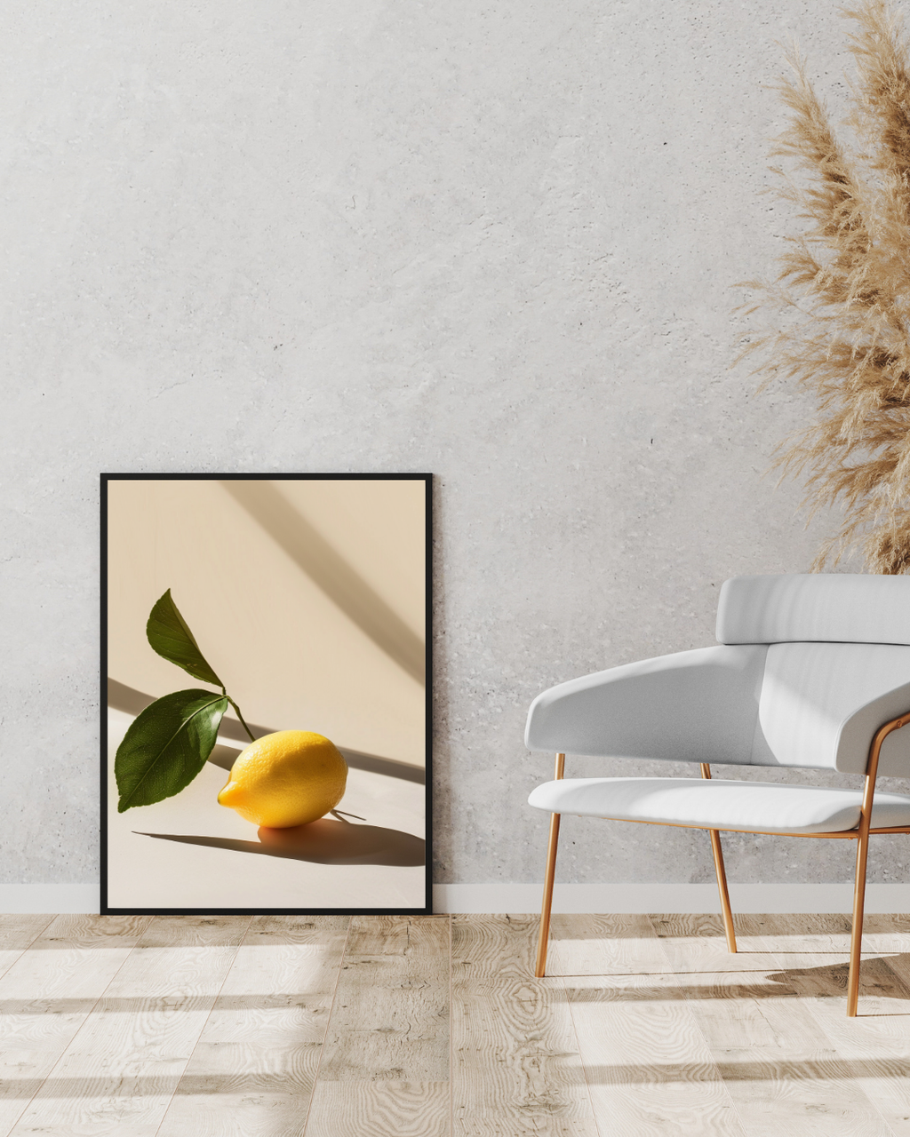 Lemon Shadow poster av Nordanio, minimalistiskt fruktposter i brunt och grått med skuggor och enkel design.