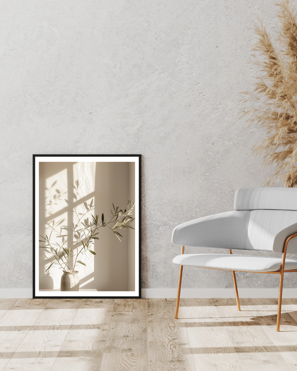 Oliva-ramshadows poster av Nordanio, minimalistisk fruktposter i brunt och grått, visas i ram på Instagrammockup.