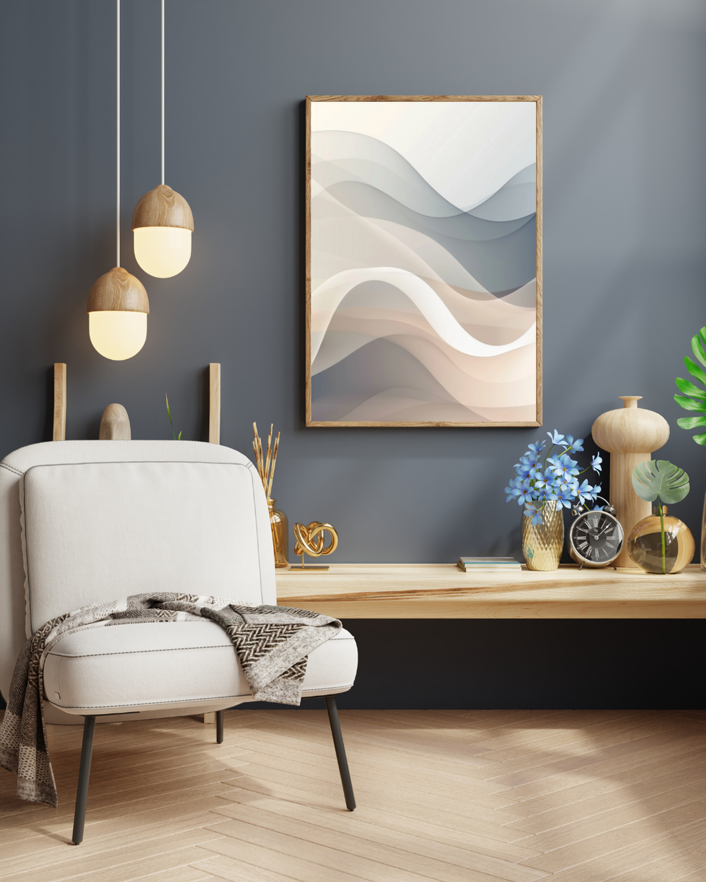 Gradient beige abstrakt väggposter av Nordanio i minimalistisk design, visas i ram för väggdekoration.