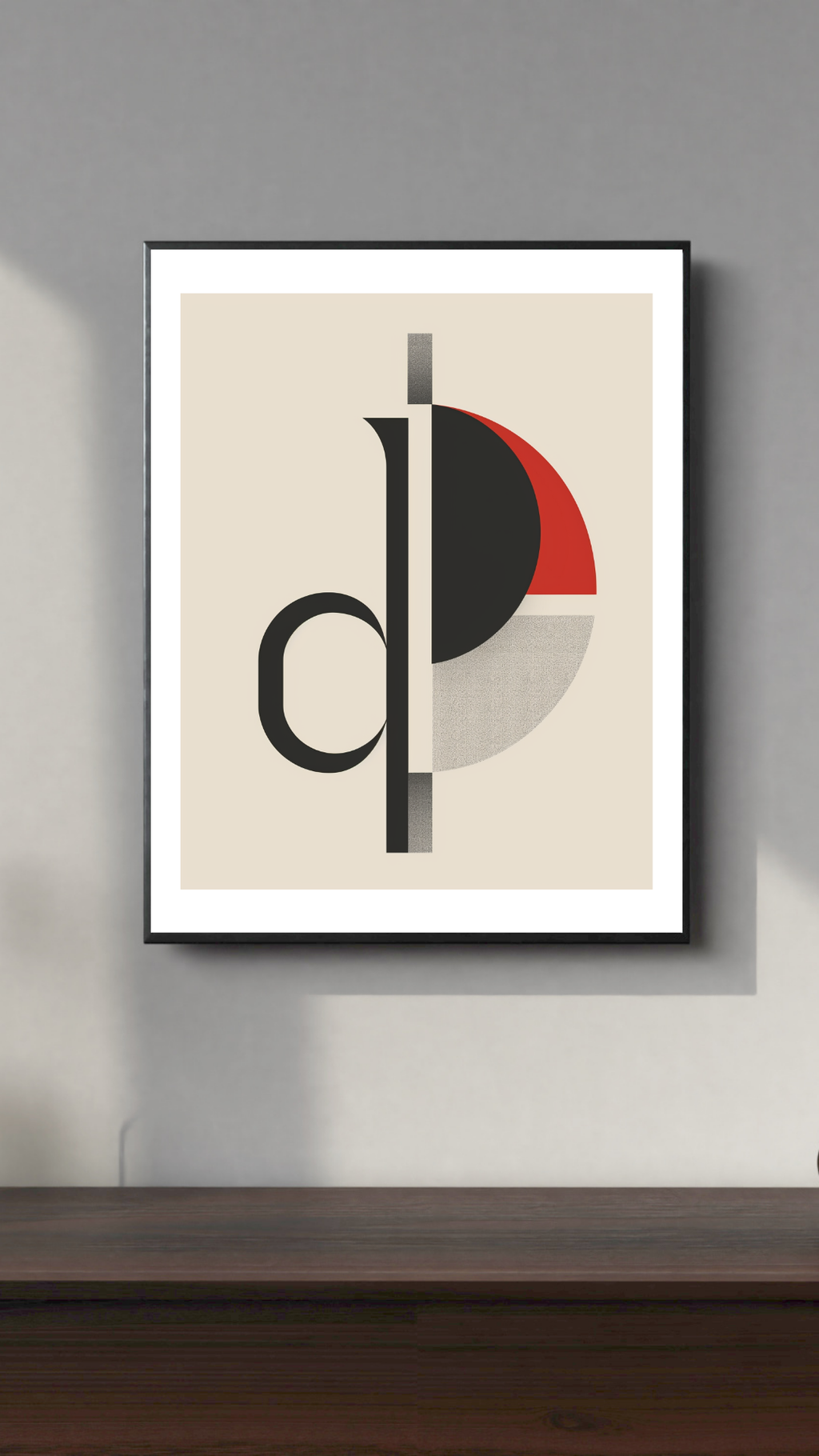 Minimalistisk typografiposter i brunt och grått från Nordanio, inramad i en enkel foto- eller konstram.