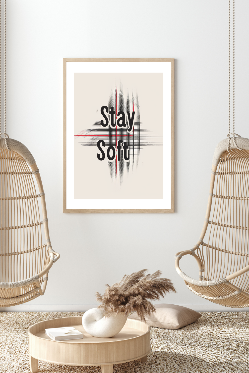 Brun och grå minimalistisk typografiposter i ram, designad av Nordanio, syns i mockupbilden.