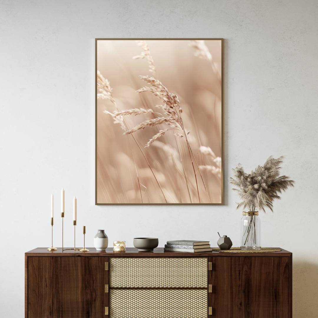 Nordanio naturposter med närbild av gräs i gröna och bruna nyanser, vintagefotografi för växt- och naturälskare