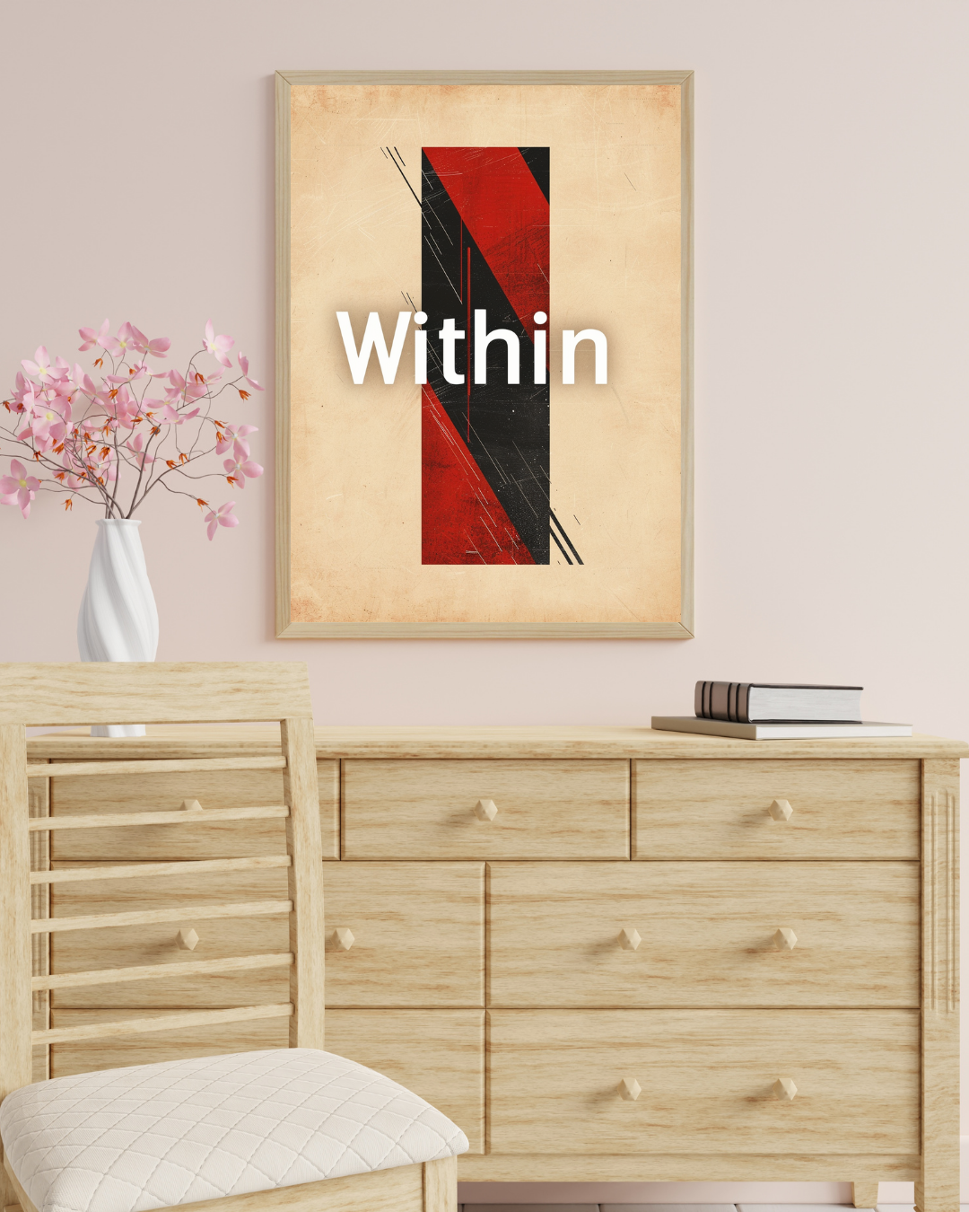 Brunt och rosa minimalistiskt typografiposter från Nordanio i bildram mockup för Instagram.