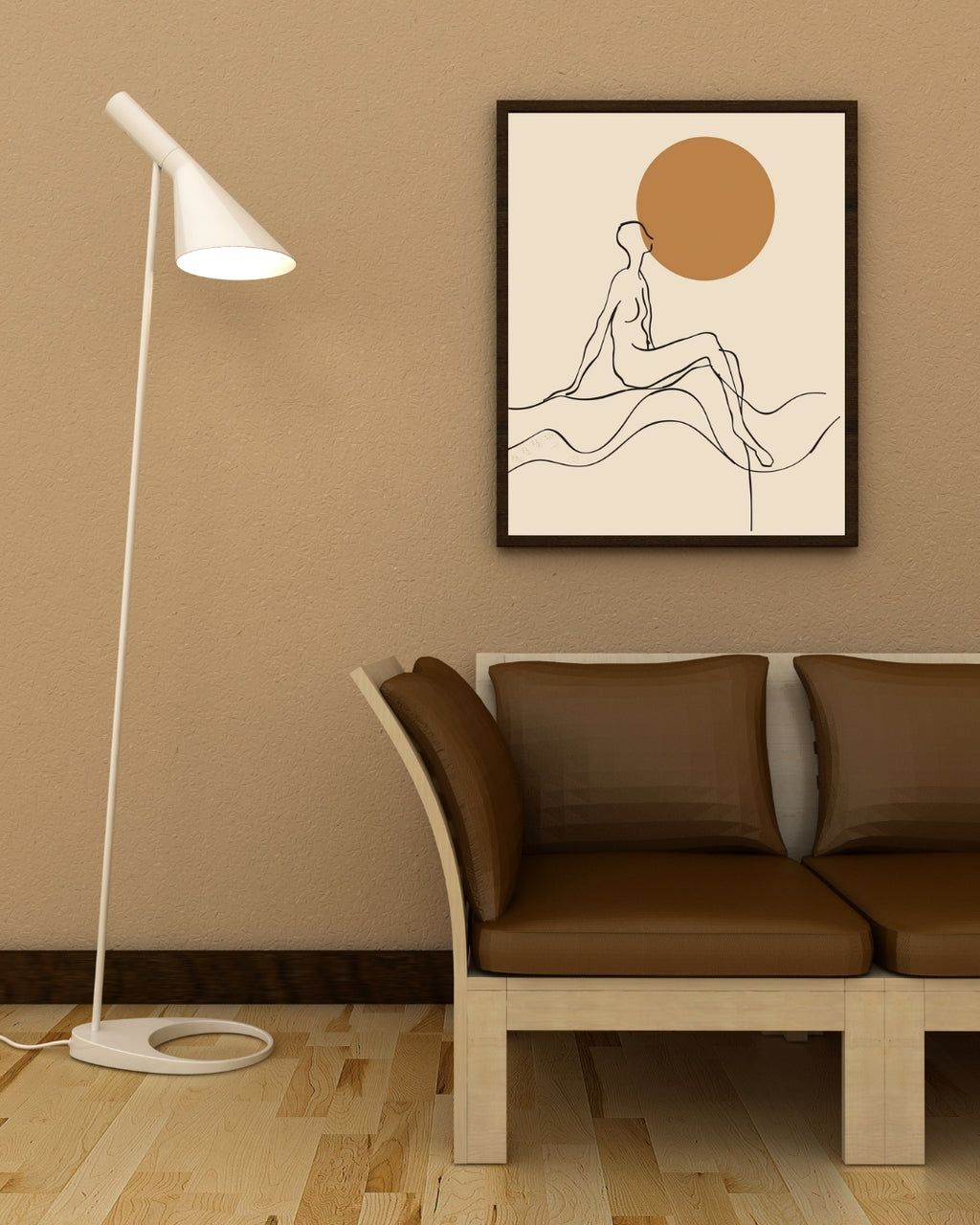 Abstrakt väggposter i linjekonst av Nordanio, minimalistisk design i brunt och vitt för modern hemdekoration