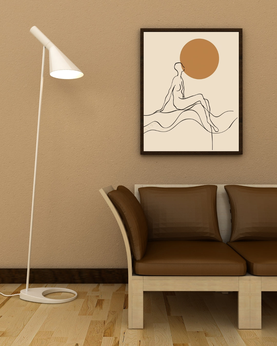 Abstrakt väggposter i linjekonst av Nordanio, minimalistisk design i brunt och vitt för modern hemdekoration
