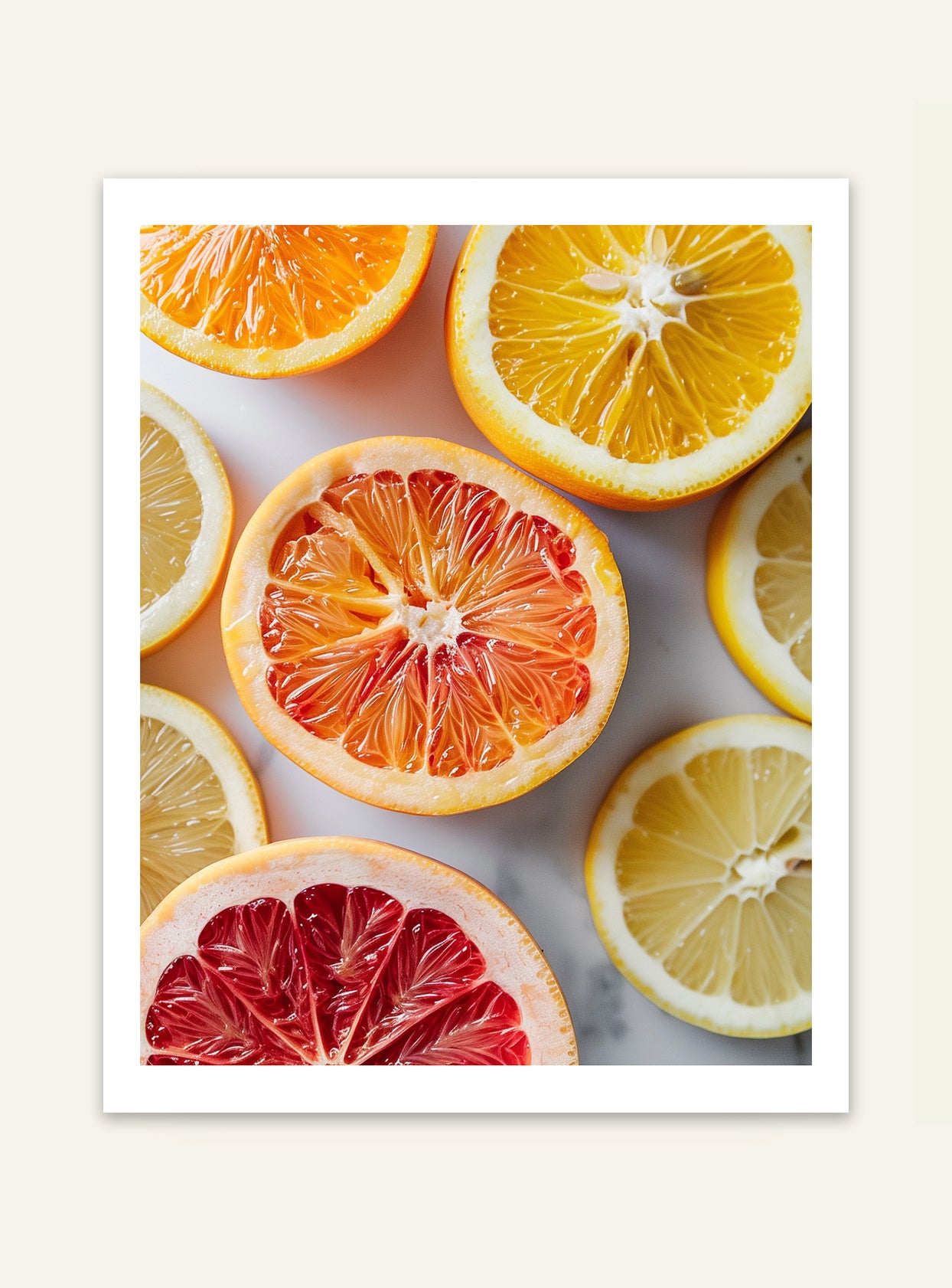 Färgglatt fruktposter med citron- och apelsinskivor från Nordanio, dekorativ väggbild av citrusfrukter.