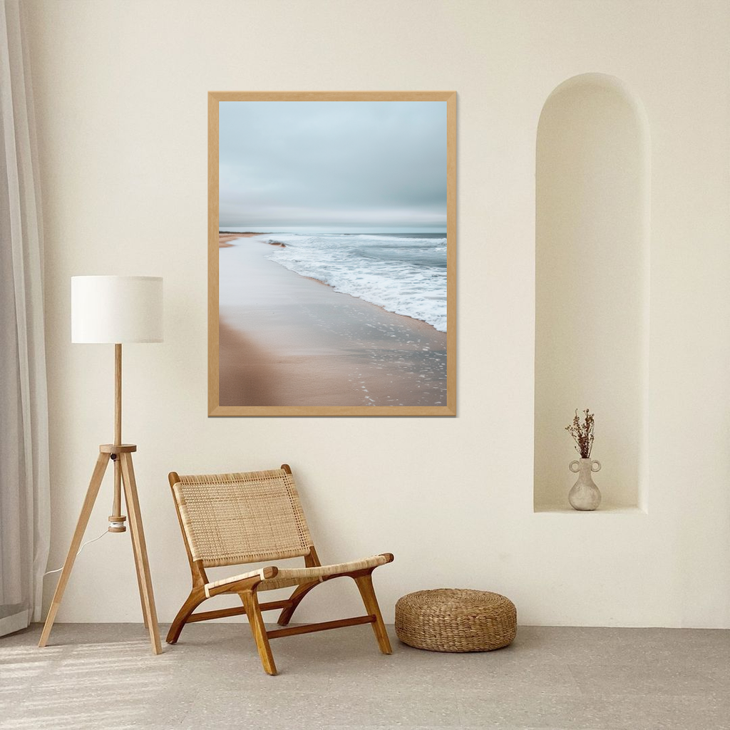 Nordanio minimal naturposter "Shore" i beige och brunt, väggdisplay med ram för modern inredning.