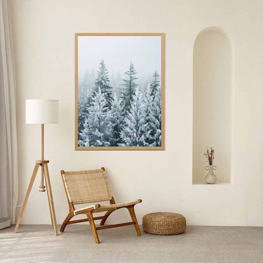 Naturposter med snötäckta tallar av Nordanio, väggbild med beige och bruna nyanser, perfekt för inredning.