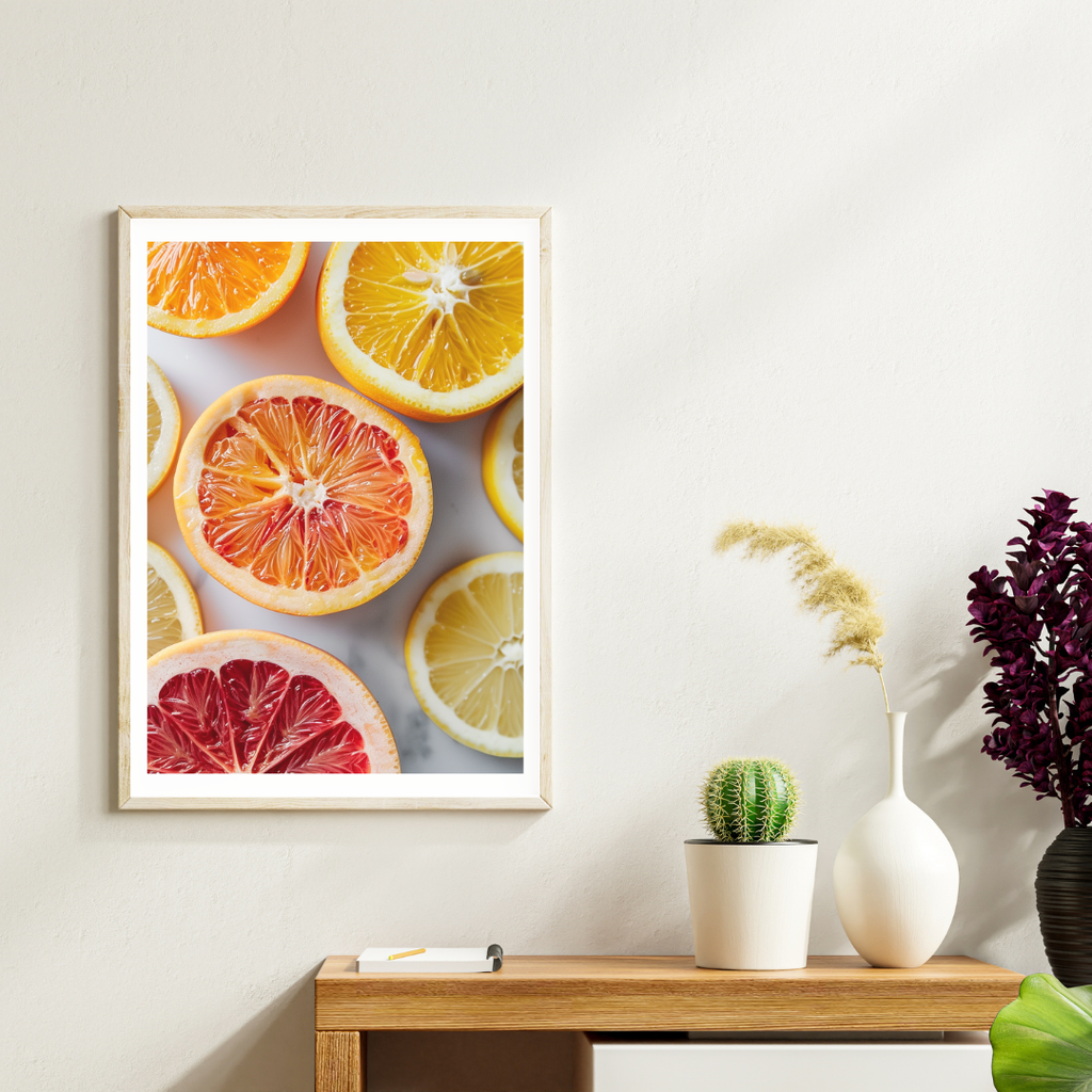 Citrusskivor affisch av Nordanio, minimalistiskt fruktposter med citrusskivor på cremefärgad bakgrund.