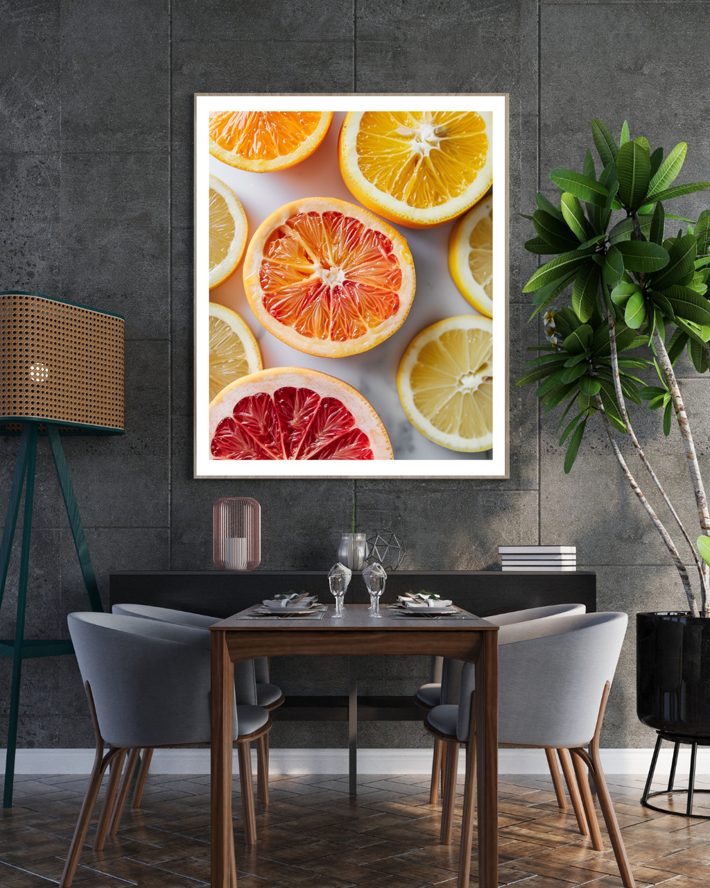 Minimalist affisch med citrusskivor i grönt och gult för väggdekor från Nordanio.