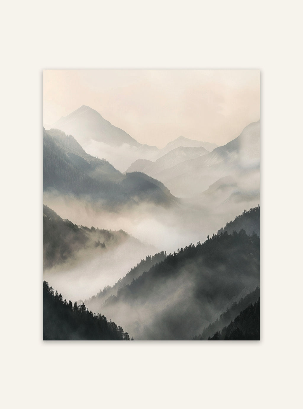 Naturligt naturposter av dimmig berglandskap i neutrala toner från Mountain Mist av Nordanio.
