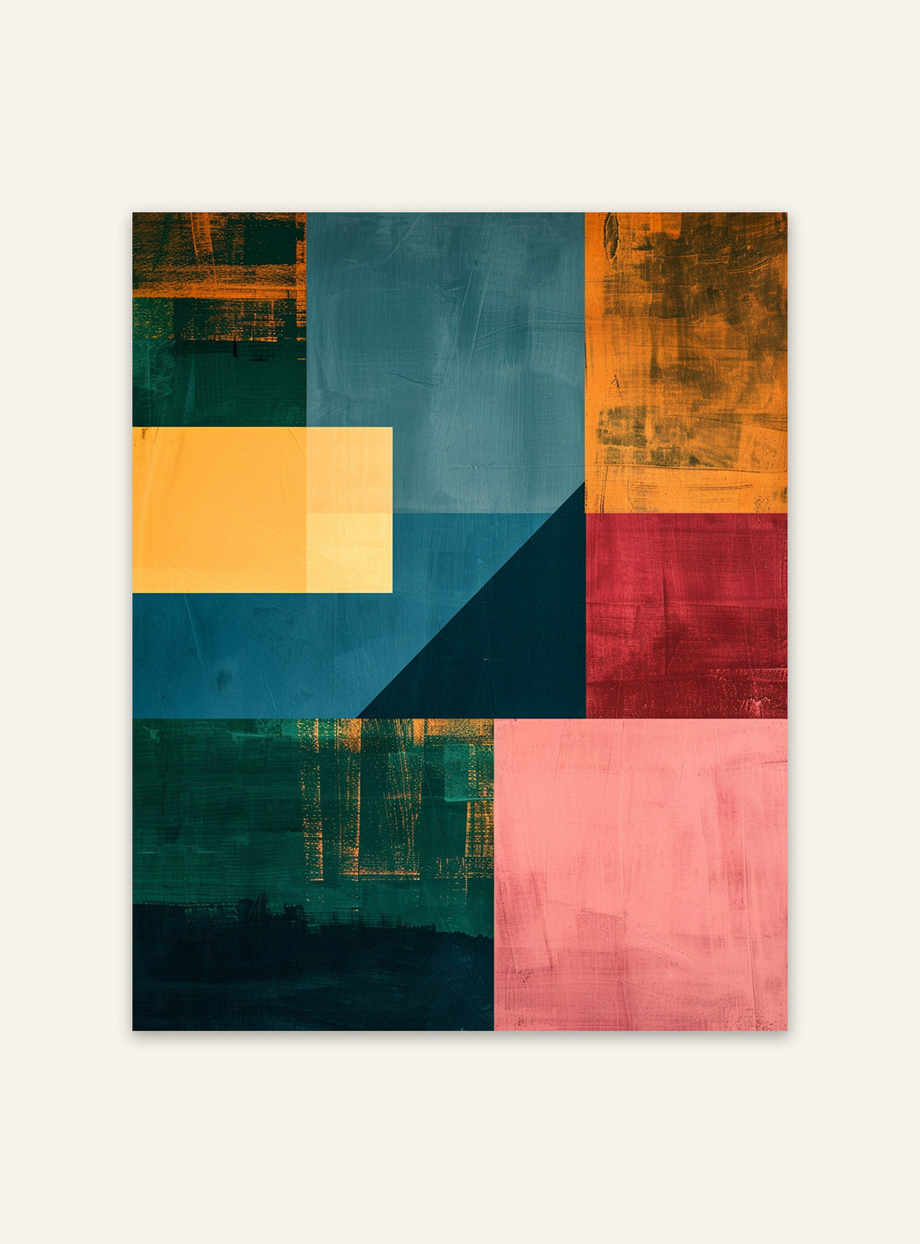 Abstrakt väggposter med färgblock i minimalistisk stil från Nordanio, visar rena linjer och färgstarka block på vit bakgrund.
