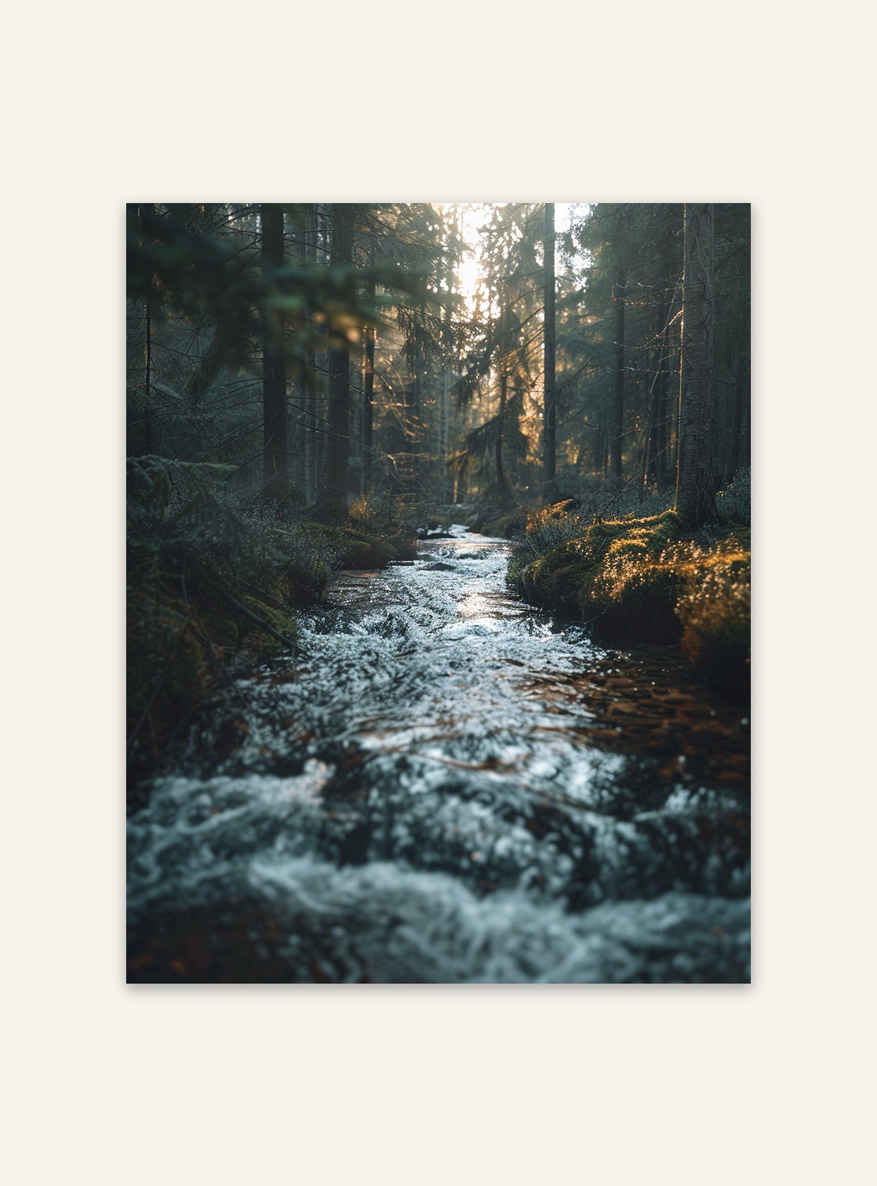 Nordanio naturposter med skog och flodmotiv i vacker svensk landskapsstil.
