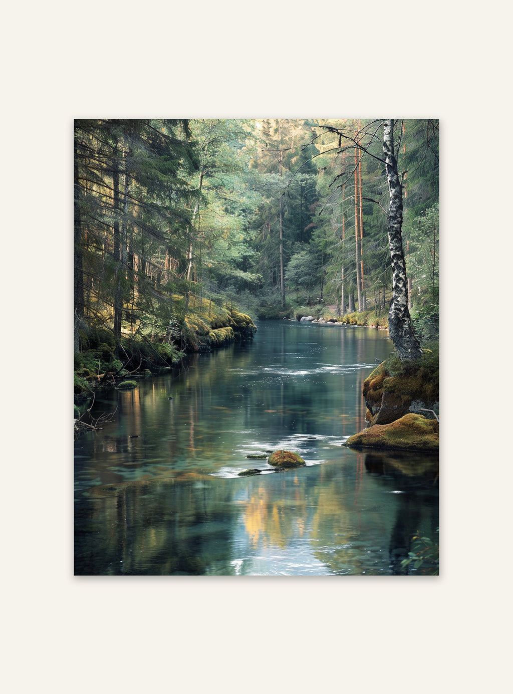 Naturposter av skog och flod från Nordanio, vacker bild av natursceneri med träd och rinnande vatten.