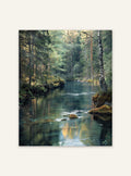 Naturposter av skog och flod från Nordanio, vacker bild av natursceneri med träd och rinnande vatten.