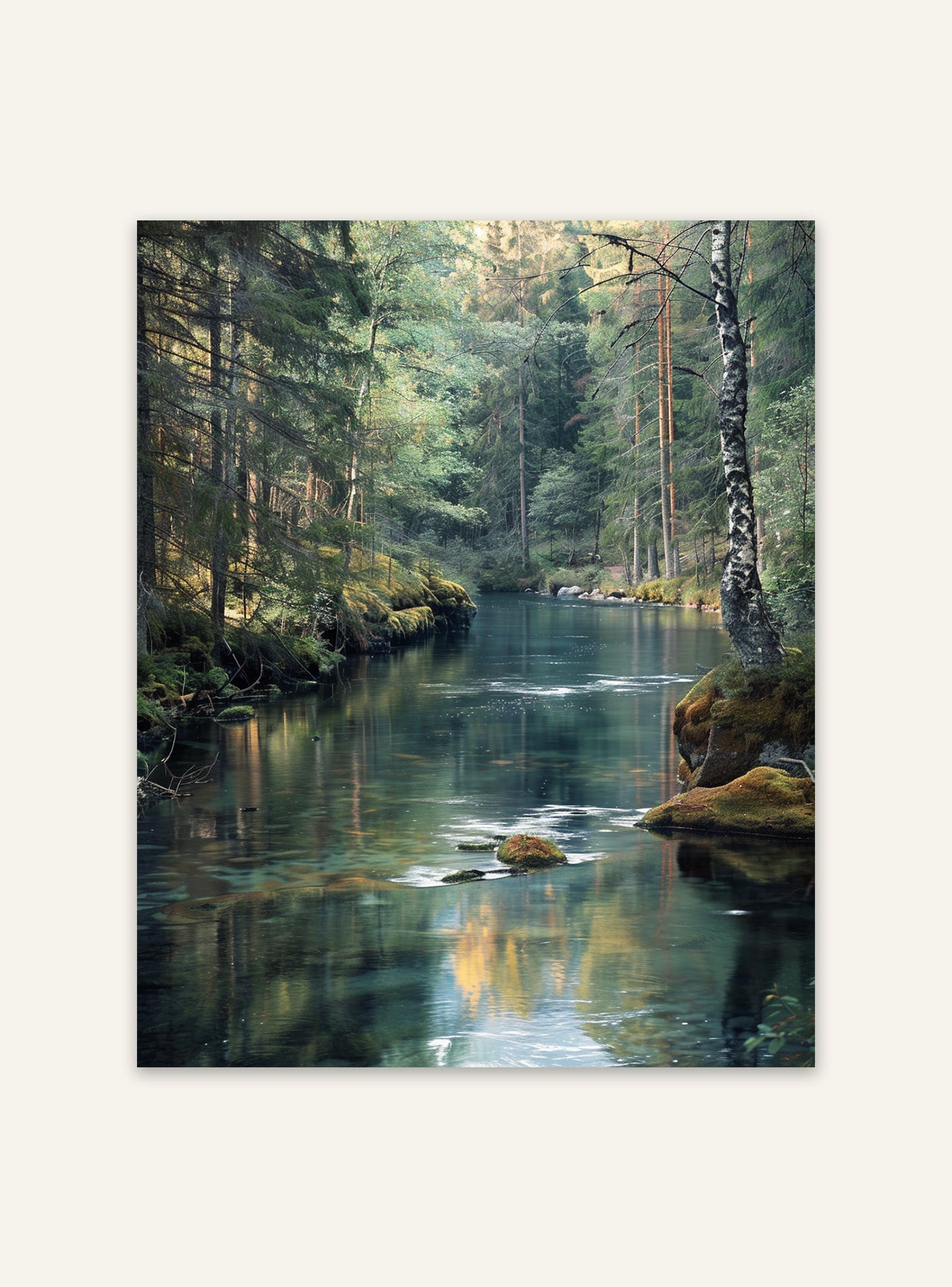 Naturposter av skog och flod från Nordanio, vacker bild av natursceneri med träd och rinnande vatten.