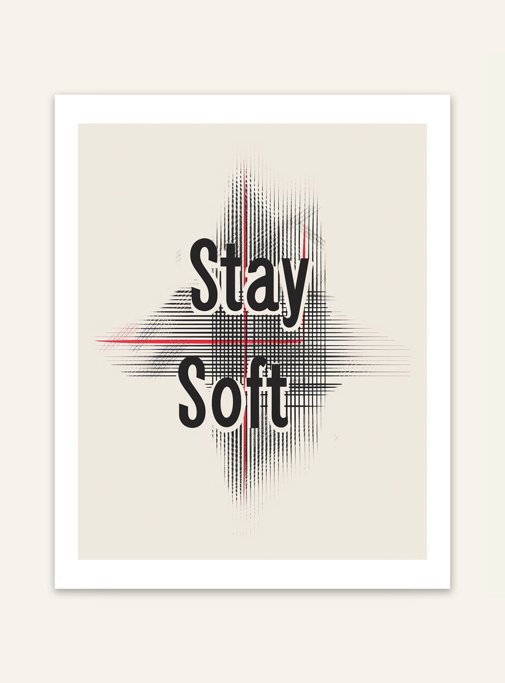 Typografisk poster med texten "Förbli Mjuk" från Nordanio, visar en stilren och modern design på en väggposter.