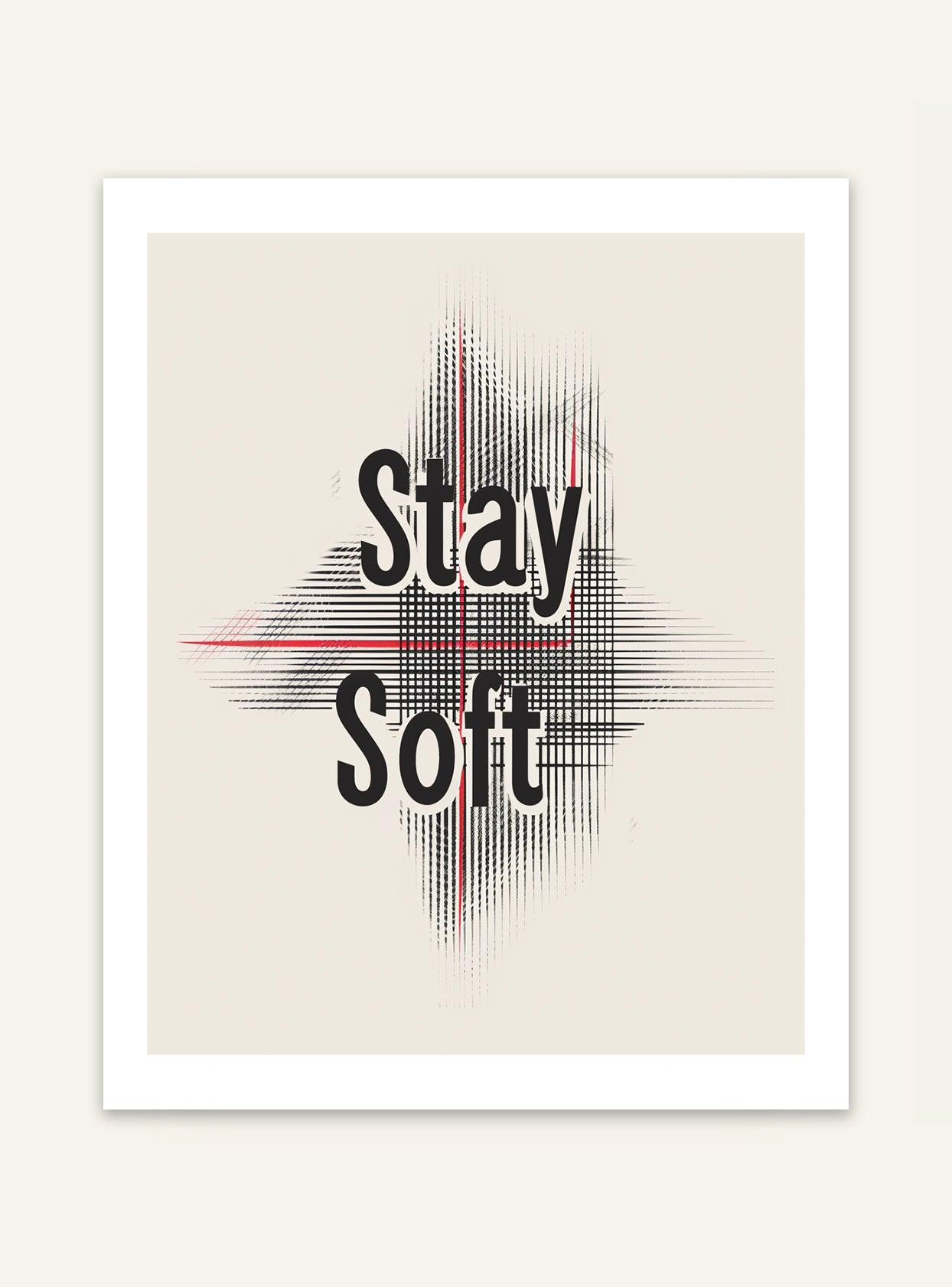 Typografisk poster med texten "Förbli Mjuk" från Nordanio, visar en stilren och modern design på en väggposter.