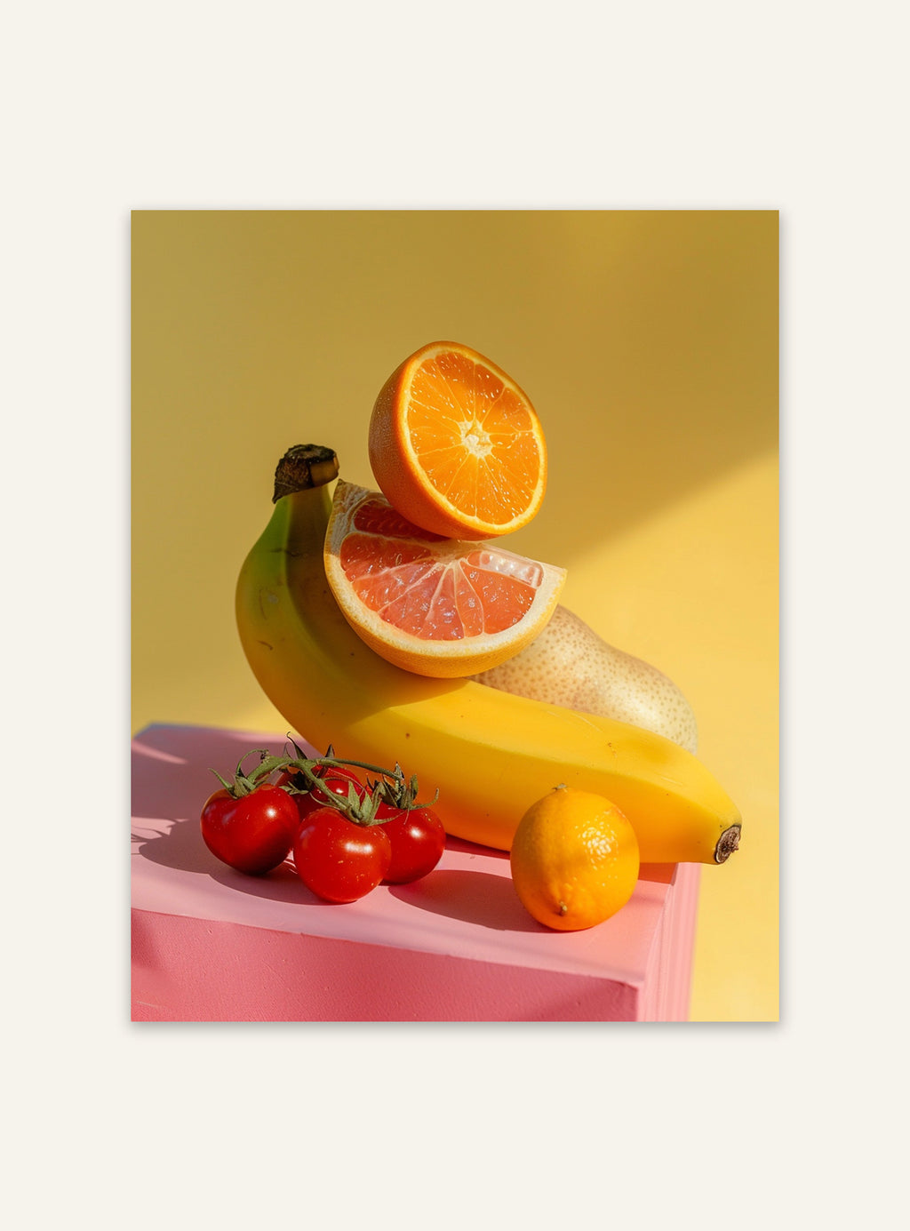 Abstrakt fruktposter från Nordanio med färgglada fruktillustrationer på vit bakgrund.