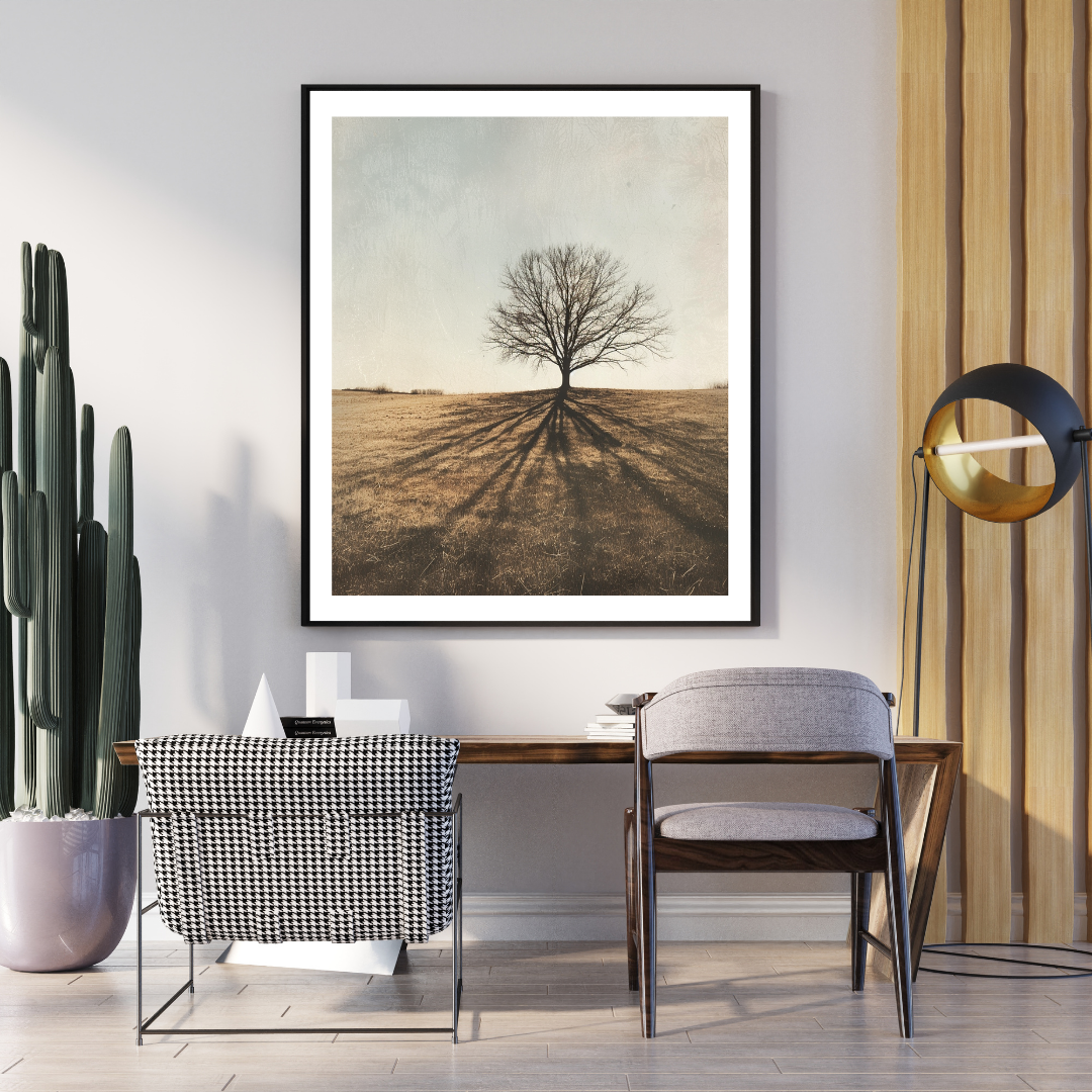 Grå naturposter med trädskuggor från Nordanio, minimalistisk konst för väggdekoration i modern stil.