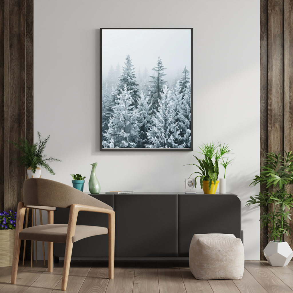 Snöklädda tallar på naturposter av Nordanio, visar grå bakgrund och väggkonst med skogsmotiv.