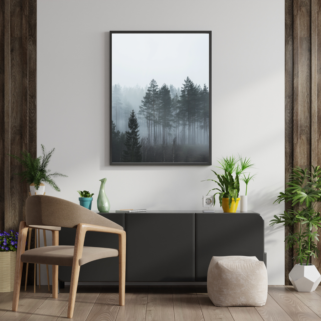Pine trees i dimma naturposter från Nordanio, modern grå väggkonst för inomhusdekor.