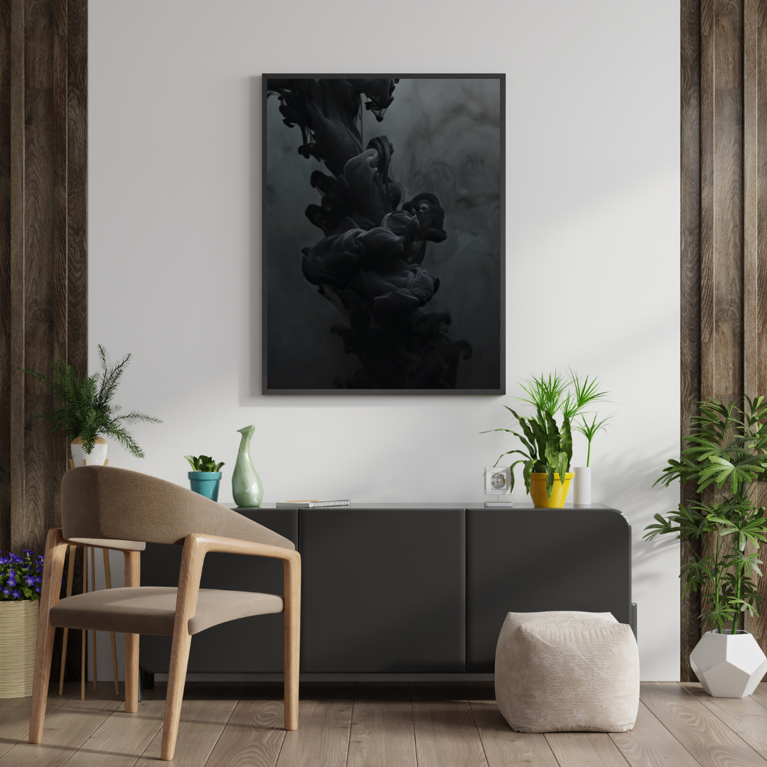 Svart bläck abstrakt poster från Nordanio, modern väggkonst med mörk konstnärlig design på grå bakgrund.