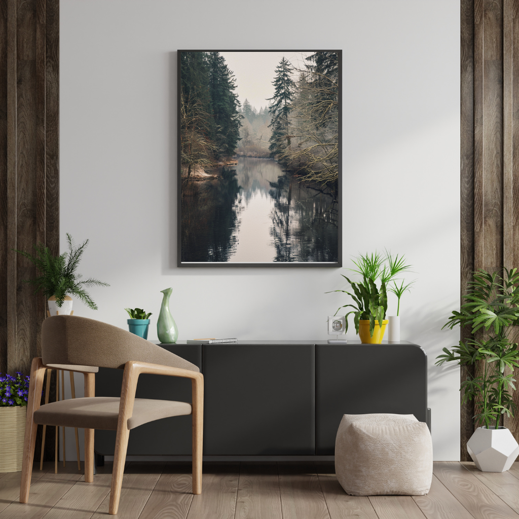 Naturskildring av River Bend poster av Nordanio, med grå modern bakgrund och väggkonst i ram.