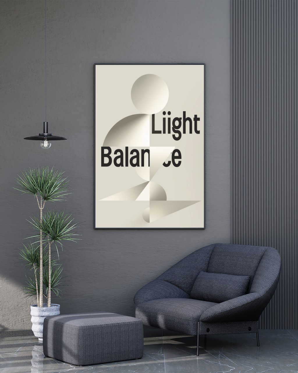 Grå och svart minimalistisk typografiposter av Nordanio i ram, perfekt för modern inredning och väggdekoration.
