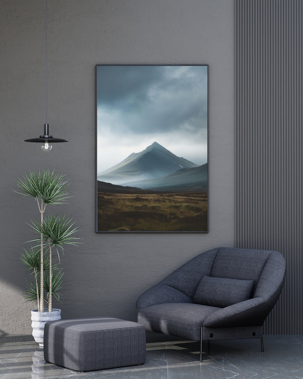 Grå och svart natursilhuettposter av Nordanio med bergsiluett i minimalistisk design, ramad och perfekt för väggdekoration.