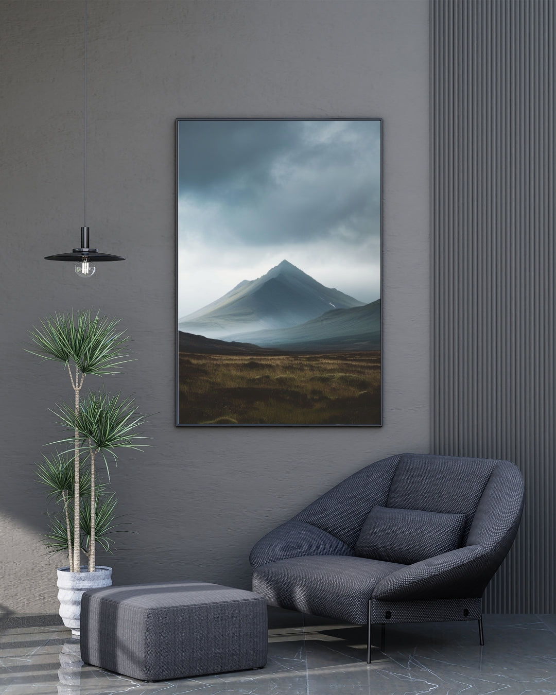 Grå och svart natursilhuettposter av Nordanio med bergsiluett i minimalistisk design, ramad och perfekt för väggdekoration.