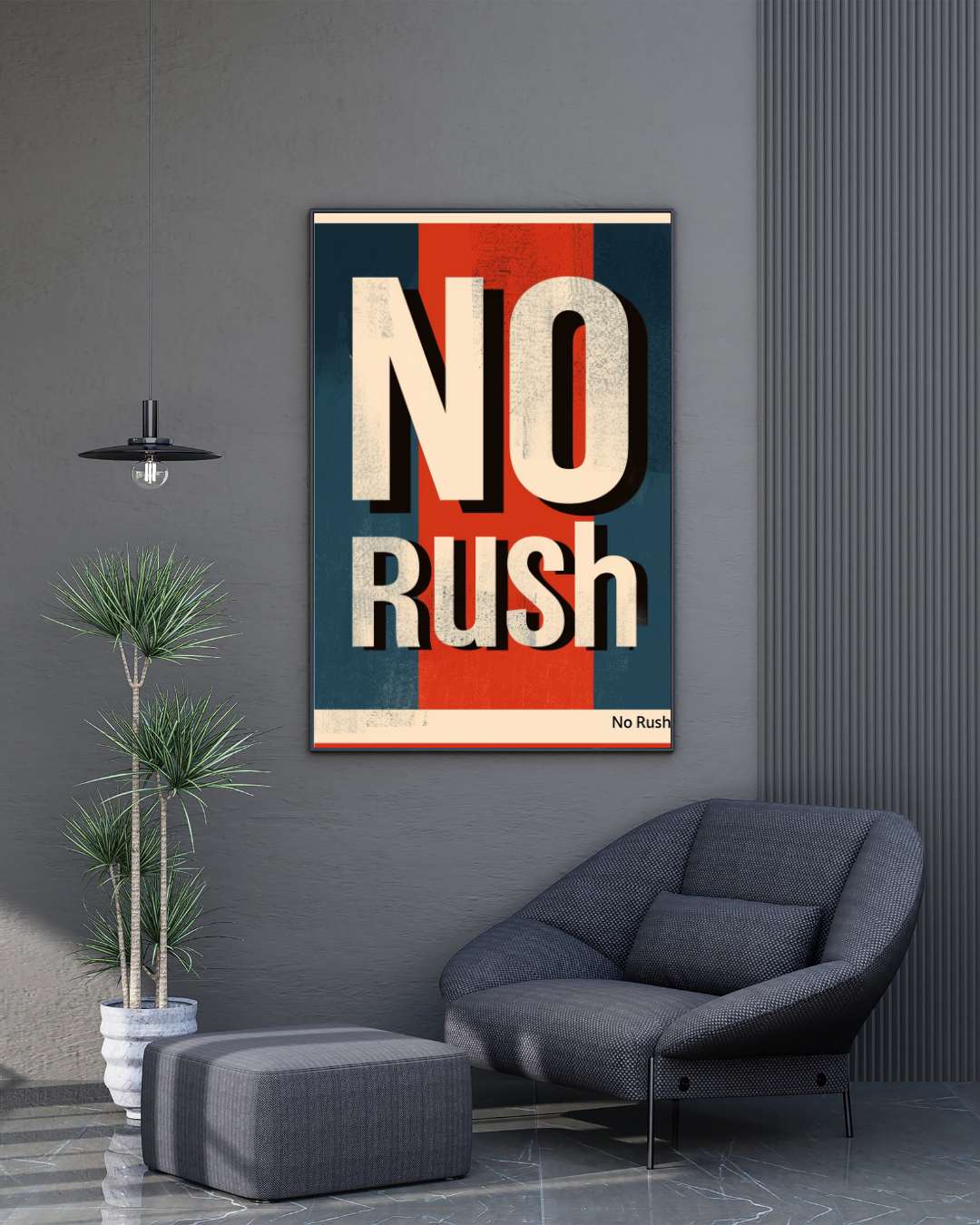 Svartvit minimalistisk typografiposter med texten "Ingen Stress" i grå och svart, inramad i en modern foto-ram.