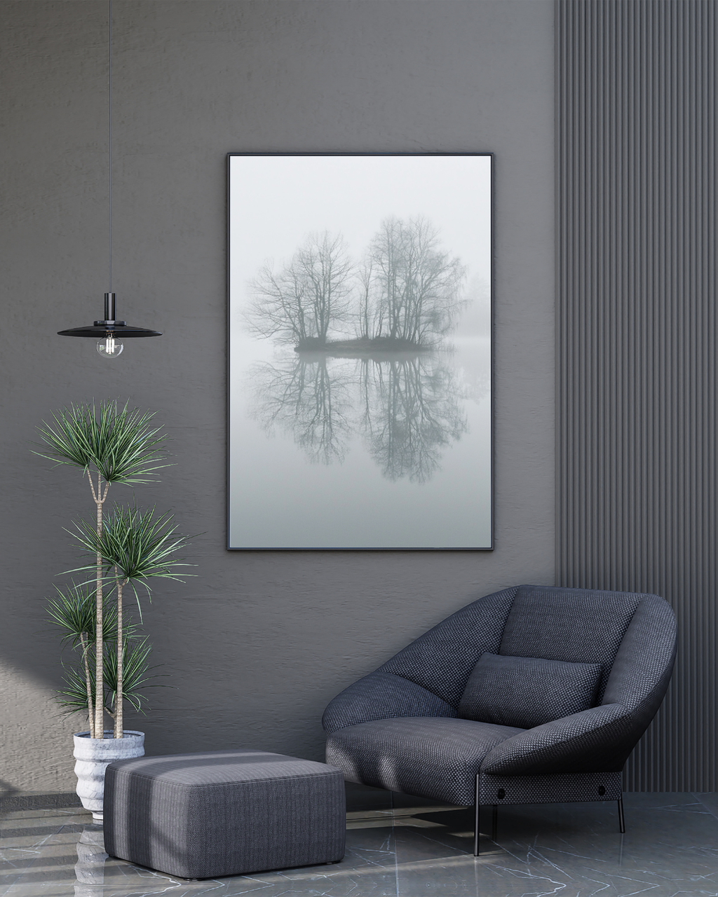 Grå och svart naturposter av Still Water från Nordanio i minimalistisk stil, visad i ram mot vit bakgrund.