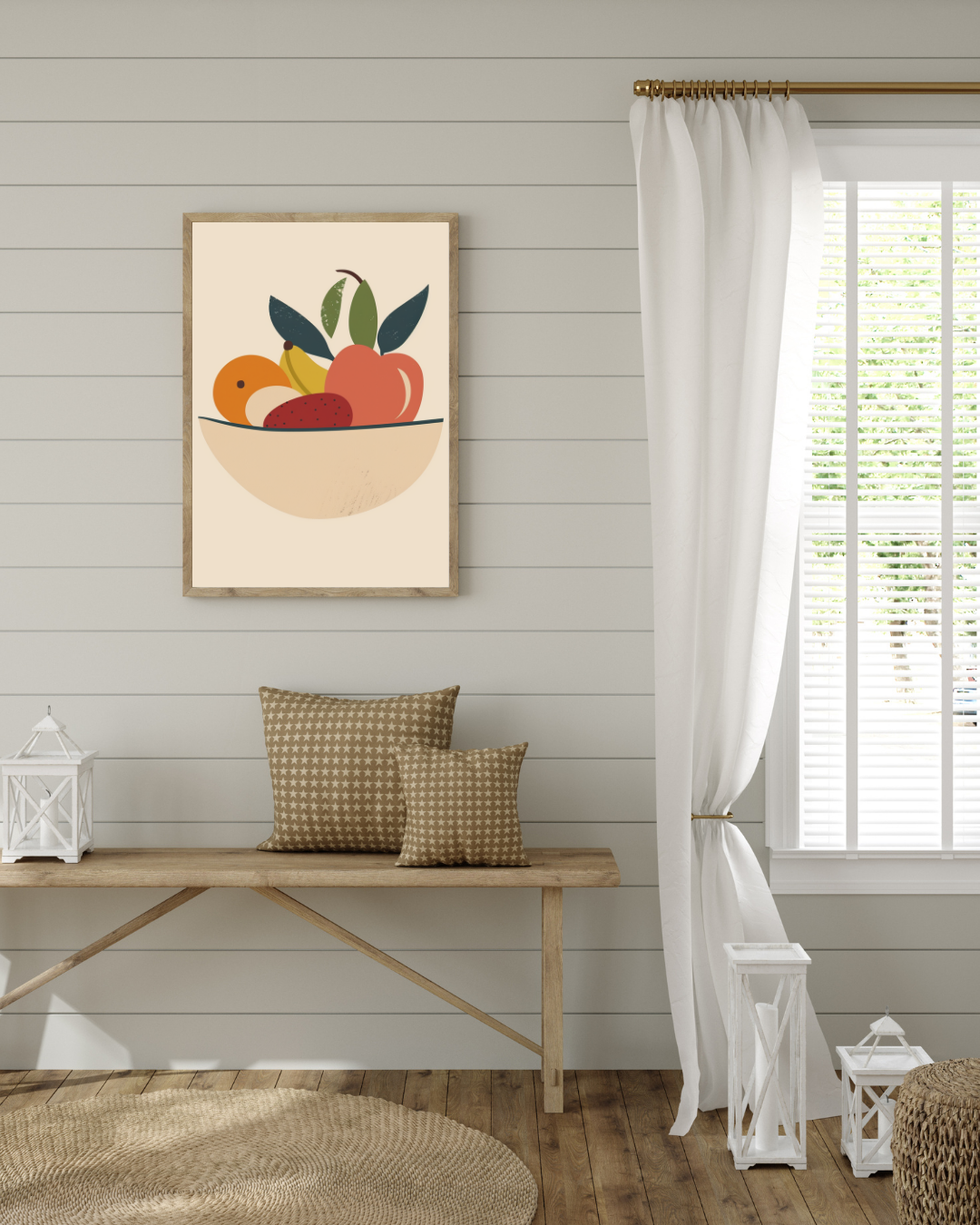Fruktposter av Nordanio med minimalistisk design i grå och bruna nyanser, visar ett fruktmotiv i ram.