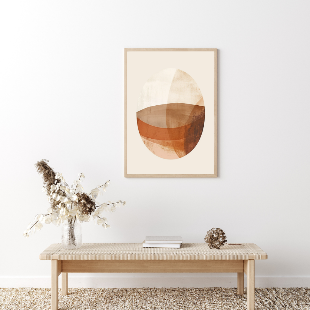Oval abstrakt väggposter i grå och bruna nyanser, minimalistisk design av Nordanio för modern inredning.