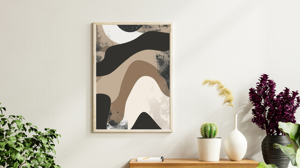 Grå och beige minimalist abstrakt väggposter av Nordanio i modern design, inramad i en enkel vit ram.