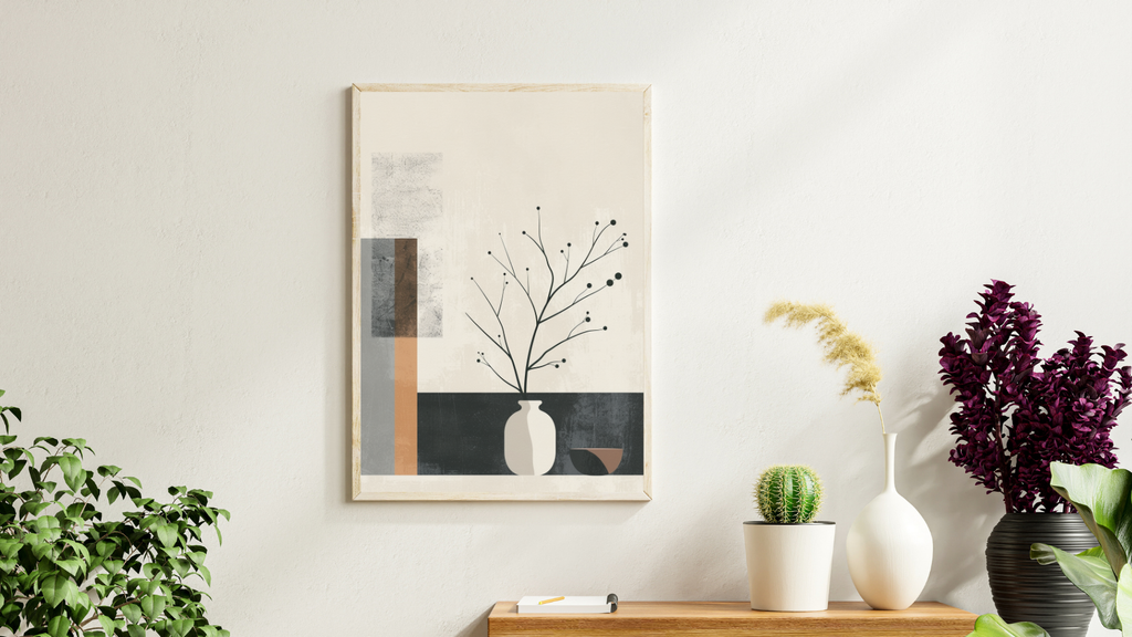 Abstrakt väggposter med geometriska block i grått och krämfärgat, ramad och monterad för modern hemdekor, från Nordanio.