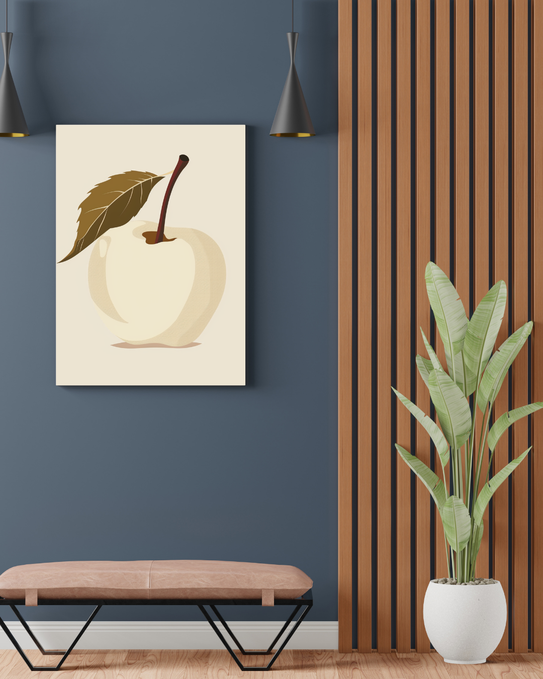 Grågrön minimalistisk affisch med äppleillustration i ram för väggdekoration, designad av Nordanio.