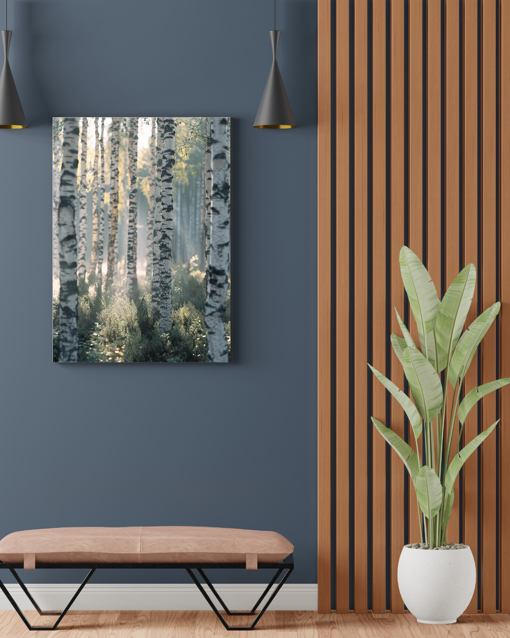 Grågrön naturposter av björkskog från Nordanio, minimalistiskt design för väggdekor.