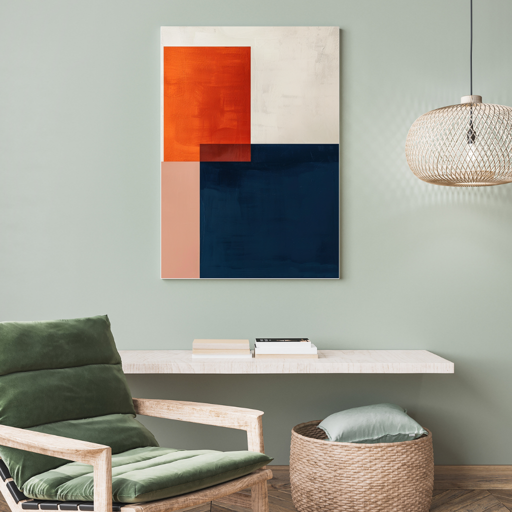 Abstrakt väggposter i grönt med färgblockdesign från Nordanio, modern minimalism för inredning.