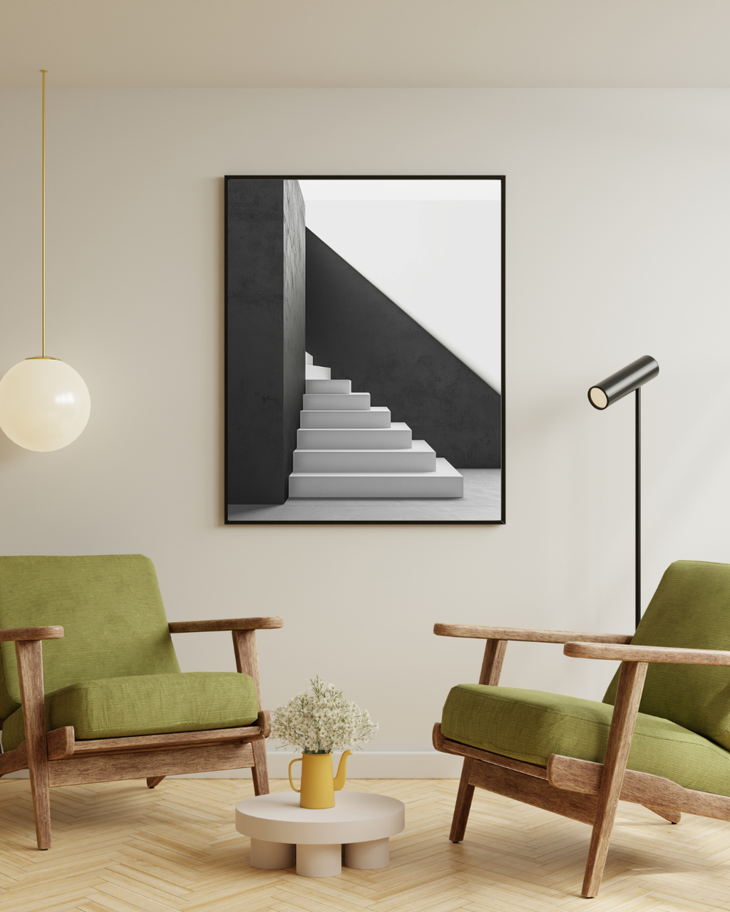 Svartvit poster med trappbelysning från Nordanio, minimalistisk design i grönt och beige för väggdekor.