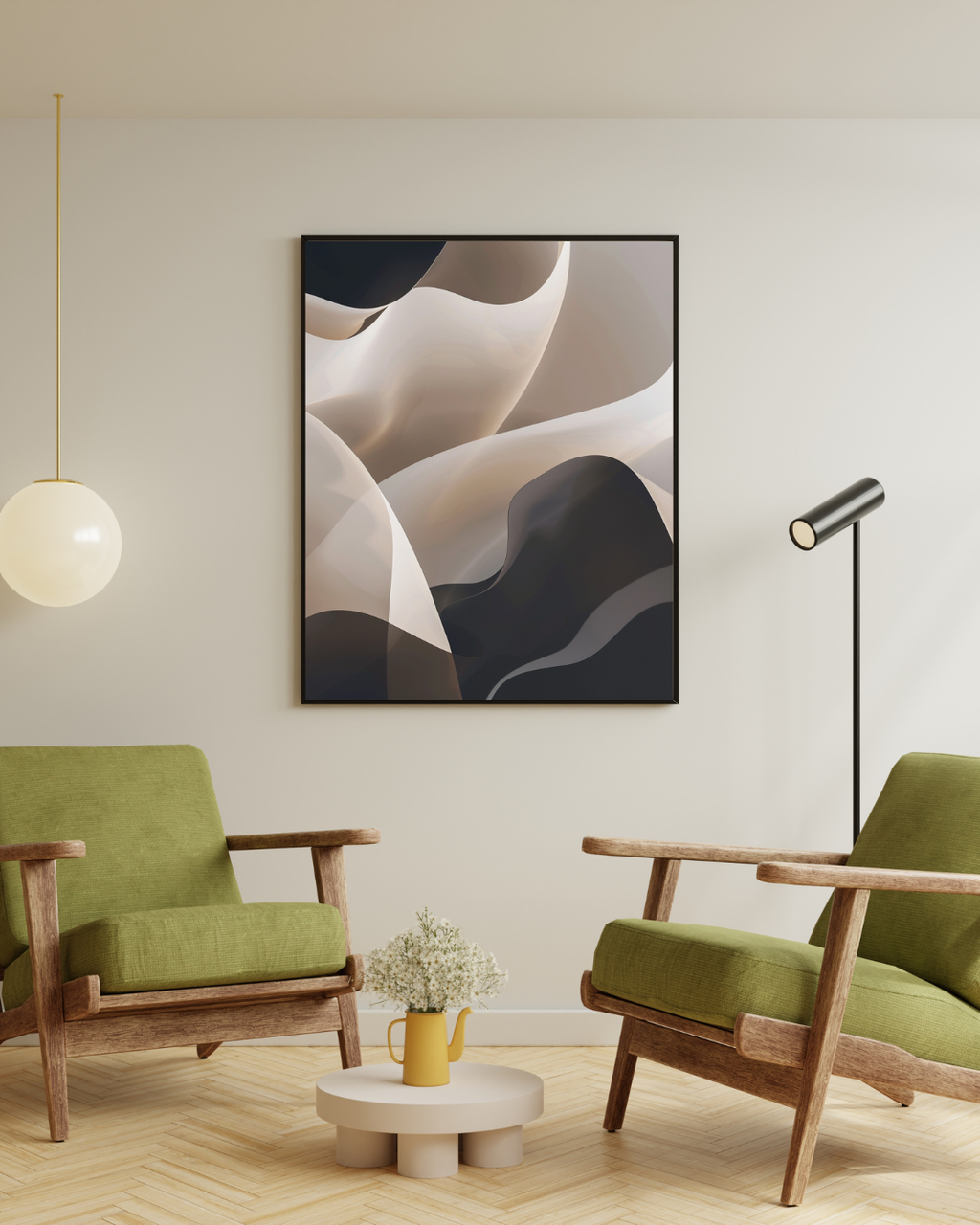 Abstrakt väggposter med böjda former i grönt och beige, av Nordanio, visar minimalistisk design mot vit bakgrund.