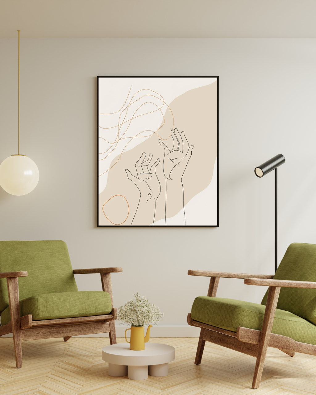 Abstrakt väggposter med handritad linjekonst i grönt och beige, minimalistisk design från Nordanio.