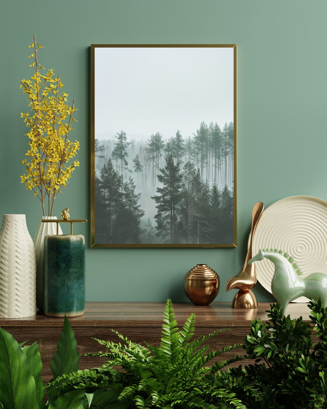 Grön naturposter med tallskogsmotiv av Nordanio, modern väggkonst för vardagsrum och elegant inredning.