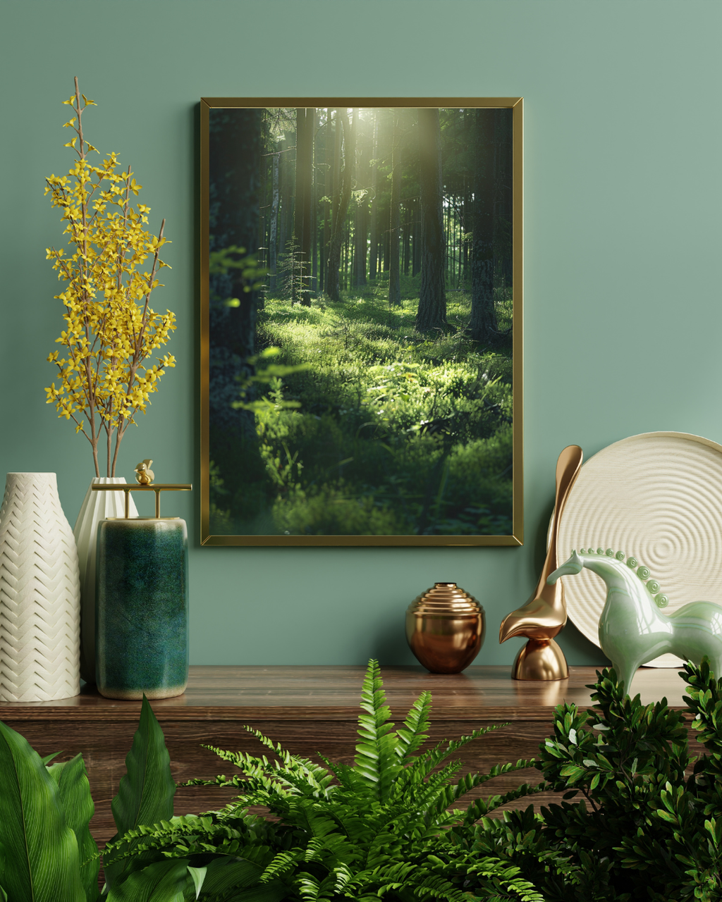 Gröna naturposter av Nordanio med modern och elegant design för vardagsrumsvägg, inramad konstfoto av skogsmotiv.